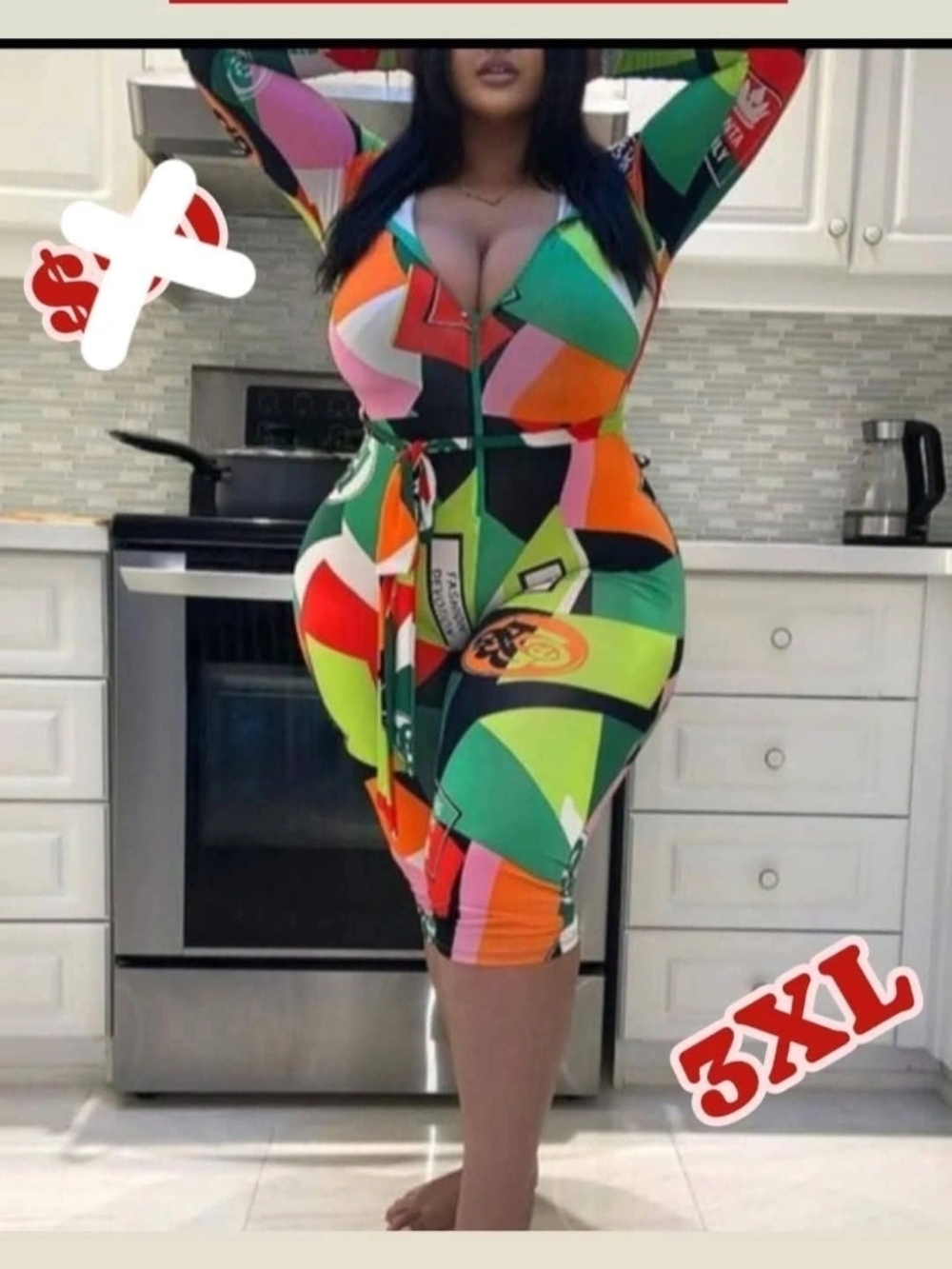 Plus Size Colorblock Bodycon Zip Front Jumpsuit